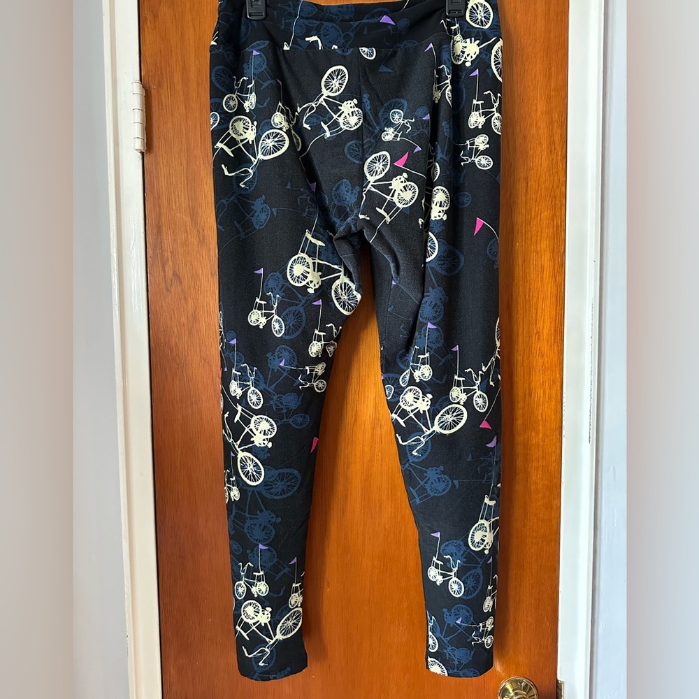 LuLaRoe Black and Blue with yellow bicycles patterned leggings - Picture 2 of 3
